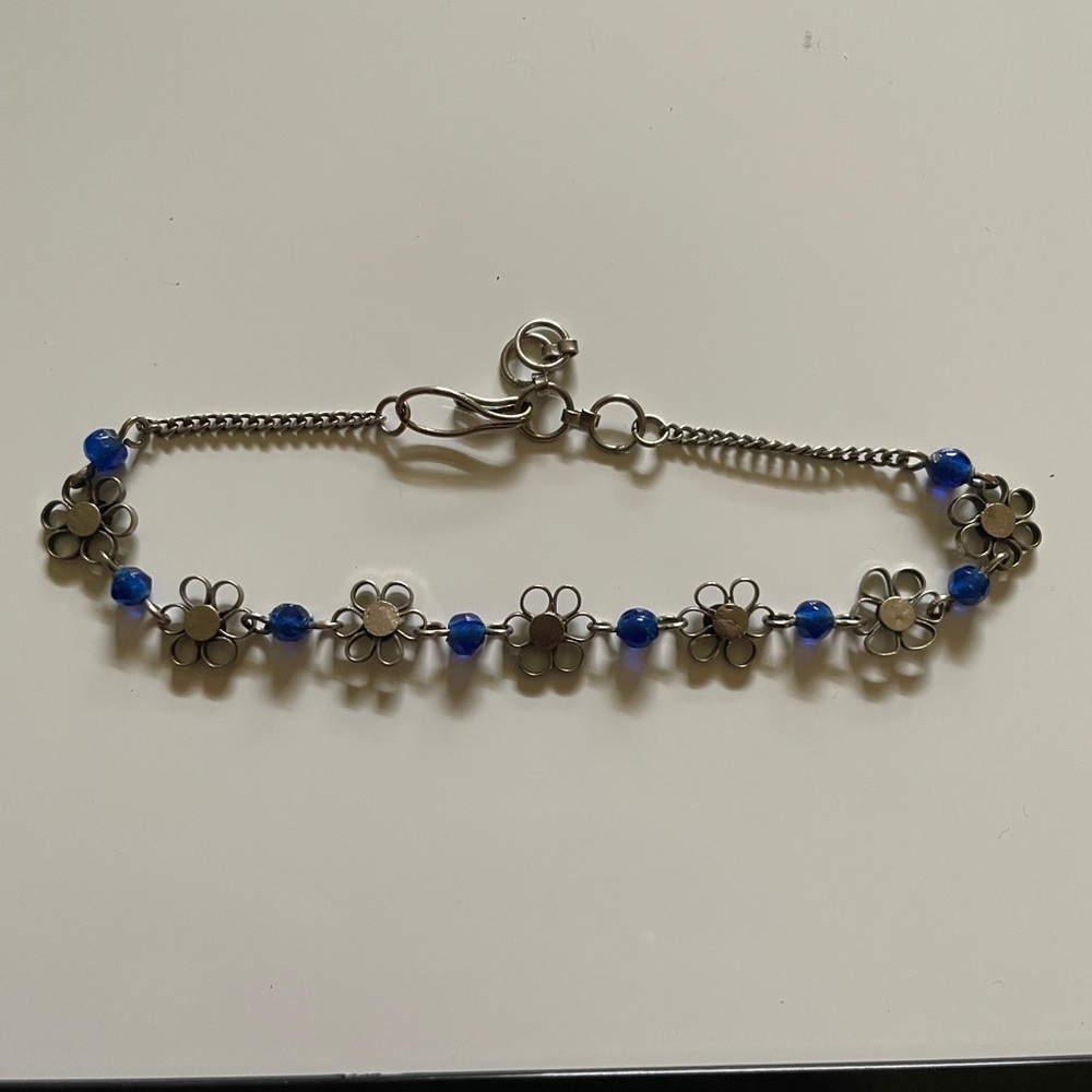 Floral Silver Bracelet with Blue Accents